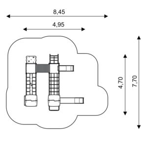 Габаритна схема Ігрового комплексу 0208. Вказані розміри: ширина, довжина, розміри меж зони безпеки. 
