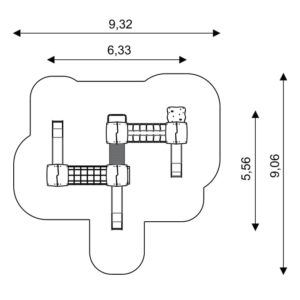 Габаритна схема Ігрового комплексу 0209. Вказані розміри: ширина, довжина, розміри меж зони безпеки. 