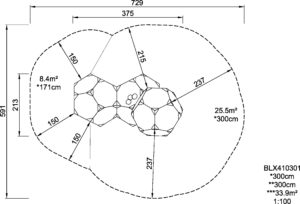 Габаритна схема тренажера скелелазіння "Багатогранники IIІ". Вказані розміри: ширина, довжина, розміри меж та площа зони безпеки. 