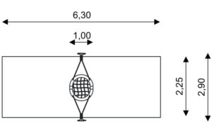Габаритна схема Гойдалки ST0513. Вказані розміри: ширина, довжина, розміри меж зони безпеки. 