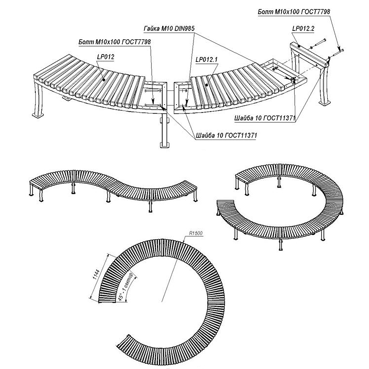 Чертеж изогнутой скамейки