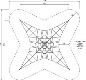 Габаритна схема Сітковий комплекс "Тренувальна сіть L" COR394011. Вказані розміри: ширина, довжина, висота.