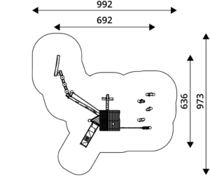 Габаритна схема Ігровий комплекс RB1216. Вказані розміри: ширина, довжина, межі зони безпеки.