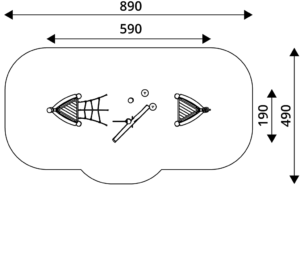 Габаритна схема Ігровий комплекс RB1233. Вказані розміри ширина, довжина, межі зон безпеки.