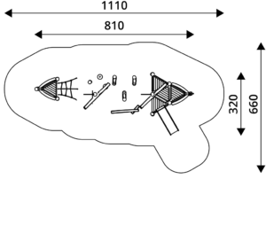 Габаритна схема Ігровий комплекс RB1238. Вказані розміри ширина, довжина, межі зон безпеки.