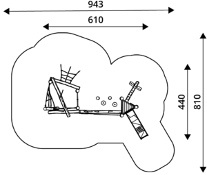 Габаритна схема Ігровий комплекс RB1311. Вказані розміри: ширина, довжина, межі зони безпеки.