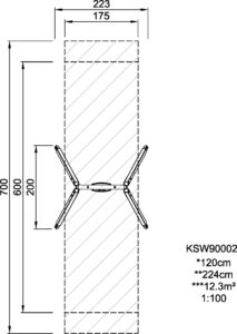 Габаритна схема Гойдалка KSW90002. Вказані ширина,довжина виробу, розміри зони безпеки.