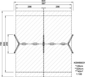 Габаритна схема Гойдалка KSW90031. Вказані ширина,довжина виробу, розміри зони безпеки.