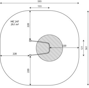 Габаритна схема Поручень вертикальний WORKOUT 2311. Вказані розміри ширина, довжина, межі зон безпеки.
