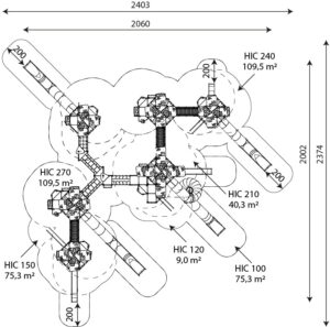 Габаритна схема Ігровий комплекс CASTILLO 3060. Вказані розміри ширина, довжина, межі зон безпеки.
